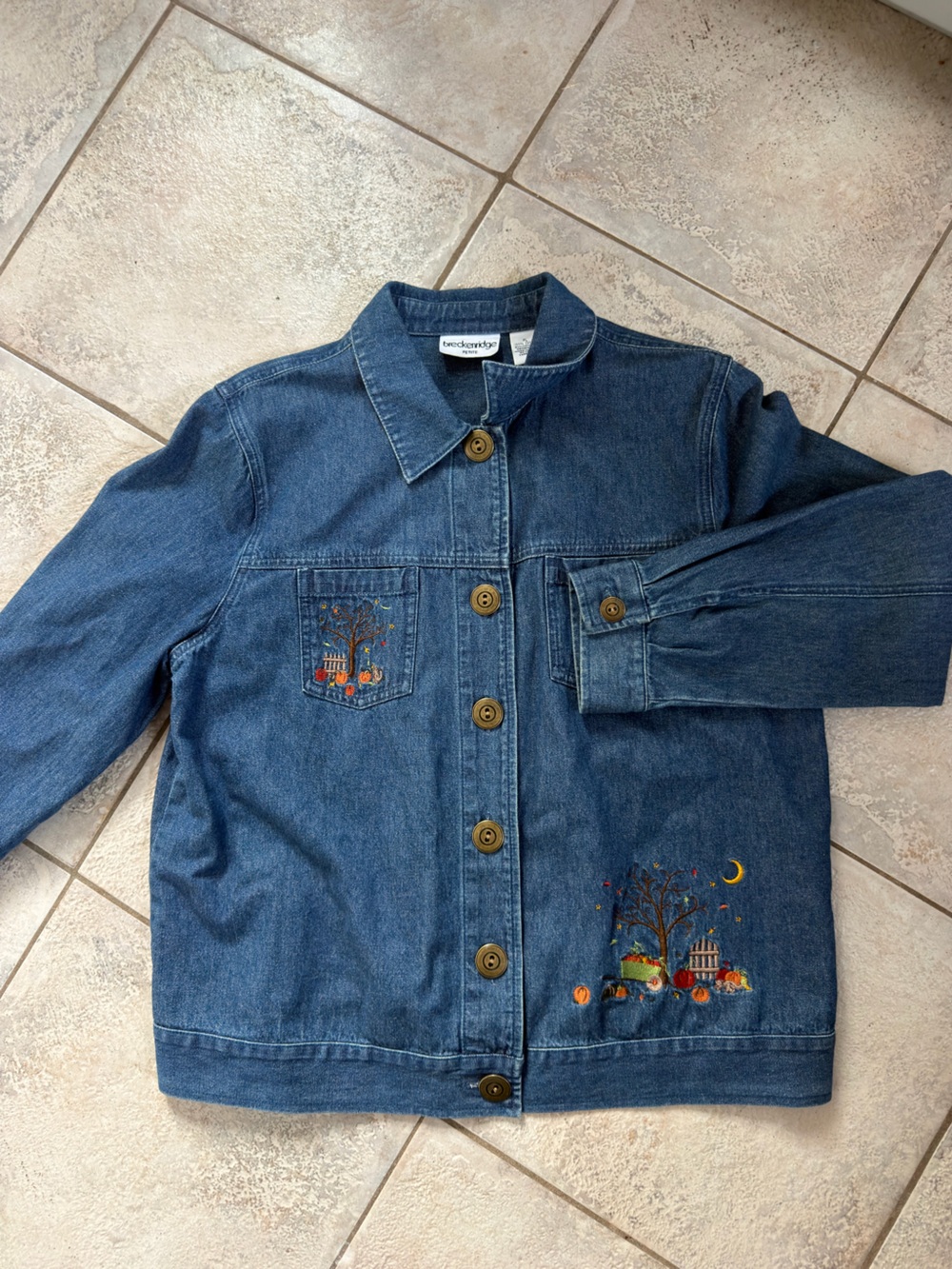 Breckenridge Women's Denim Jacket~ Fall Leaves Embroidery~ Button Down~Large 
